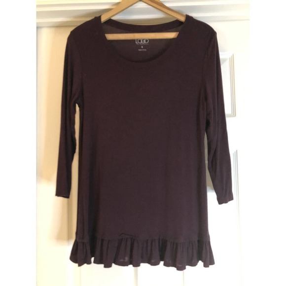 Logo Lori Goldstein Burgundy Peplum Ruffle Hem Long Sleeve Tunic Top Wms Size Sm - Picture 1 of 4